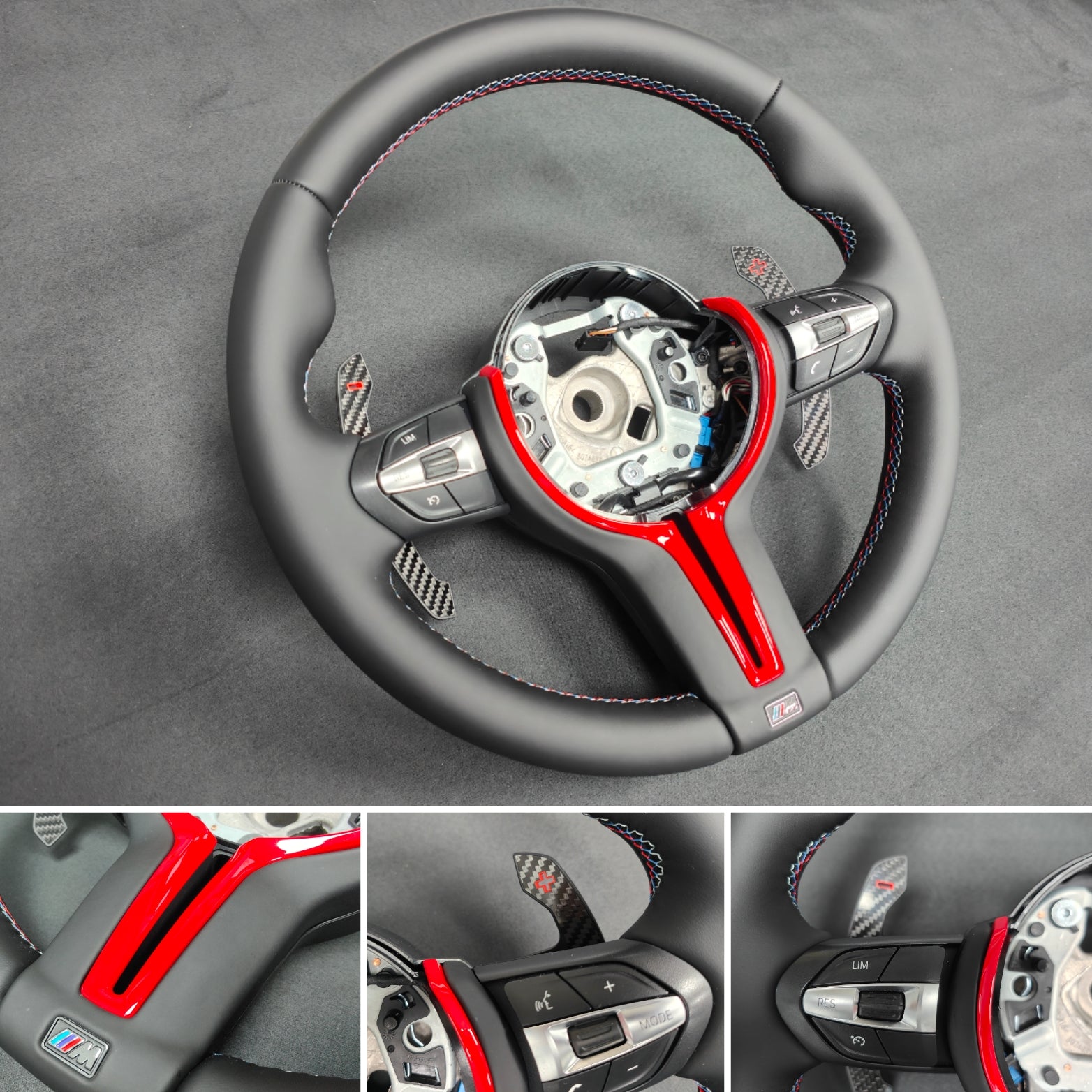 BMW F-SERIES NAPPA LEATHER TRI-STITCH / CUSTOM / RED M4 FASCIA STEERING WHEEL - BMW 1 2 3 4 5 X SERIES